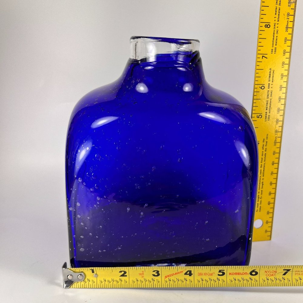 Cobalt Blue Vase Clear Cased Art Glass Hand Blown Bubbles Pattern - Picture 14 of 16